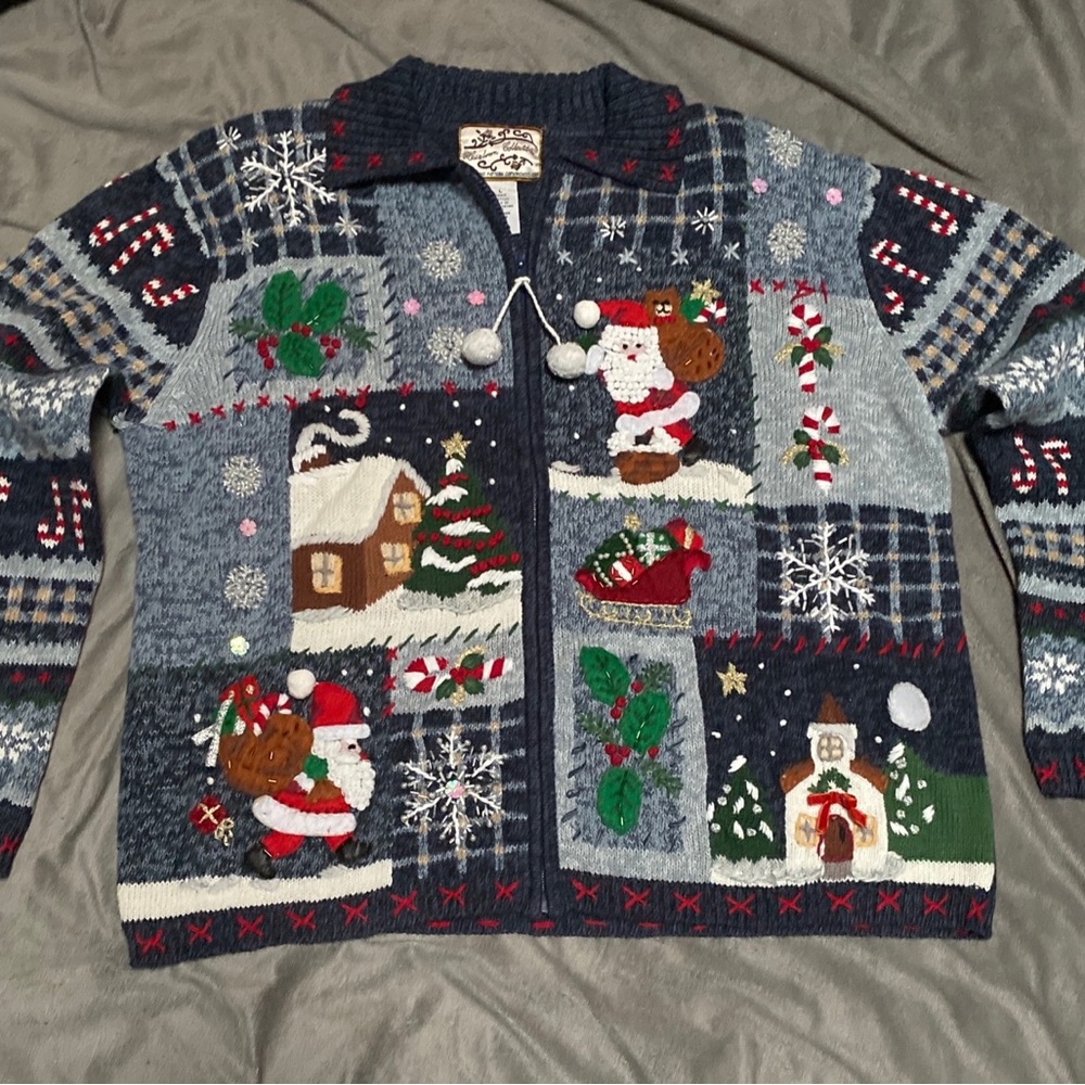 Heirloom Collectibles Ugly Christmas Sweater Womans Large Kitsch Zip-Up CUTE